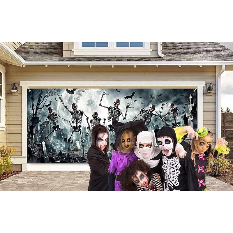 Halloween Garage Door Cover Large Hanging Backdrop Skeleton Cemetery 3D Dark Punk Gothic Style Party Outdoor Shooting Backgrounds Front Door Home Decor