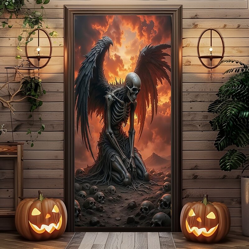 Halloween Door Cover Outdoor Banners Skeleton Angel of Death Psychedelic Dark Punk Gothic Style Party Outdoor Shooting Backgrounds Front Door Wall Porch Home Decor3