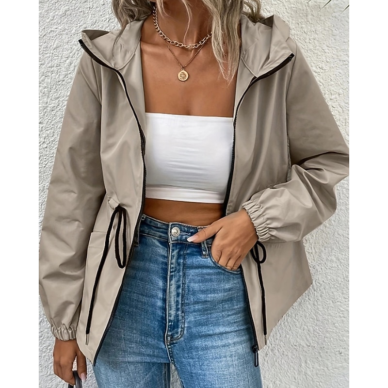 Women's Hoodie Jacket Warm Comfortable Drawstring Zipper Pocket Casual Plain Going out Weekend Zipper Regular Hooded Regular Fit Long Sleeve Outerwear Black Khaki Dark Gray Fall Winter3