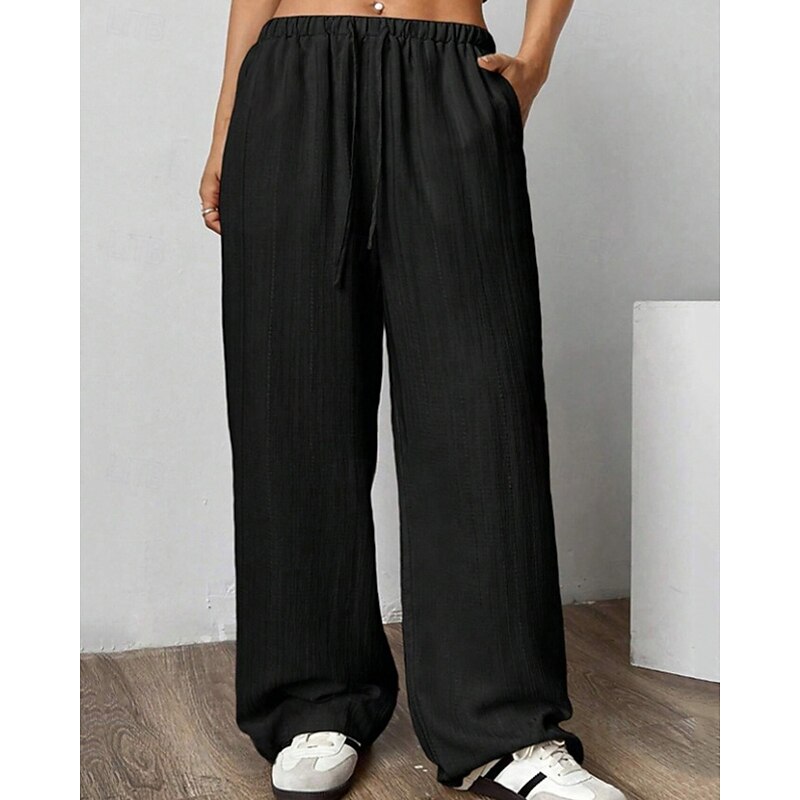Women's Wide Leg Pants Trousers Palazzo Pants Fashion Streetwear Full Length High Waist Plain Elastic Waist Drawstring Breathability Comfortable Street Daily Wear Going out Black White Beige Summer3