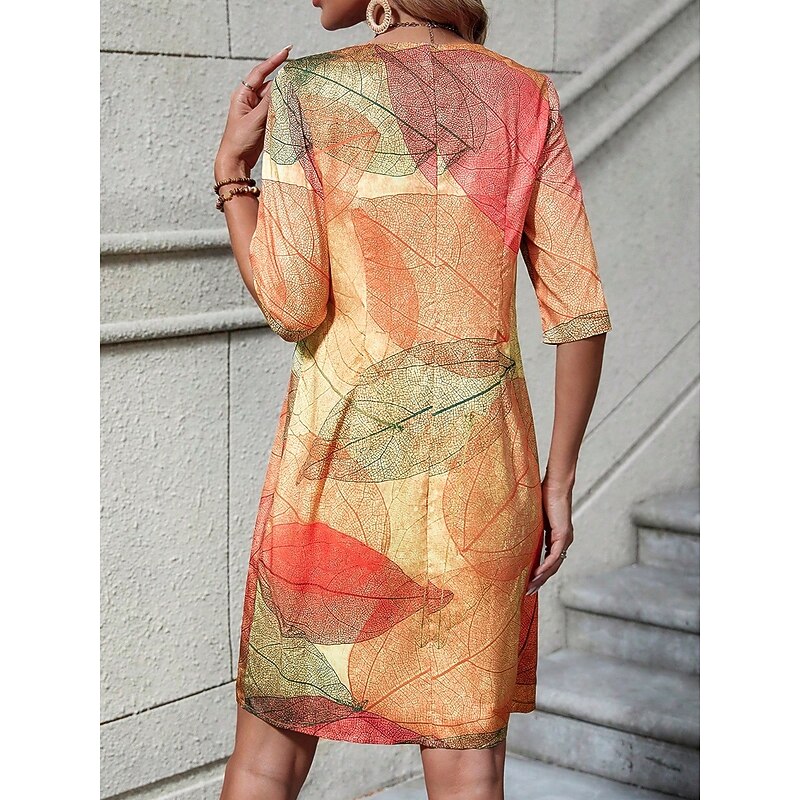 Women's Mini Dress Shift Dress Summer Dress Formal Daily Regular Fit Graphic Leaf 3/4 Length Sleeve V Neck Yellow Brown Green Summer Spring2