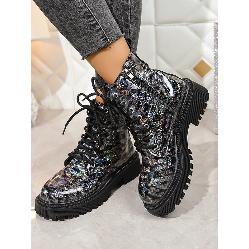 Women's Glitter Combat Boots – Shiny Patent Leather Lace-Up Chunky Ankle Boots with Lug Sole for Streetwear, Parties & Fall Fashion3
