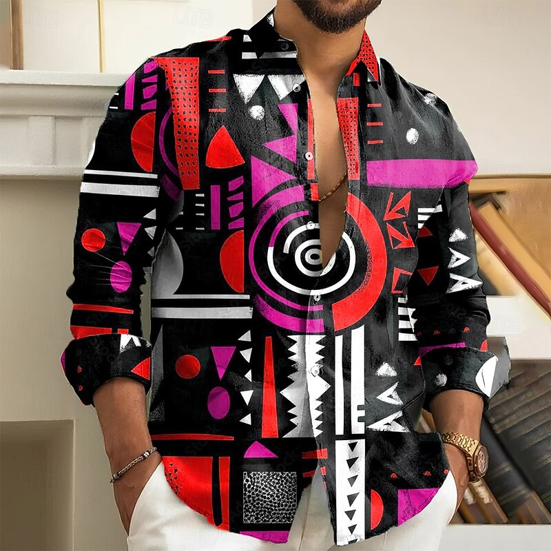 Men's Geometric Abstract Art Shirt Button Up Shirt Long Sleeve Vintage Retro Outdoor Casual Holiday Spring Fall Turndown 3D Print Collared Shirts Yellow Red Blue3