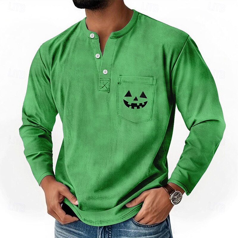 Men's Halloween Pumpkin Smile Henley Shirt T shirt Tee Long Sleeve Retro Vintage Casual Casual Spring Fall Blue Green Purple Orange Henley Henley T-Shirt4