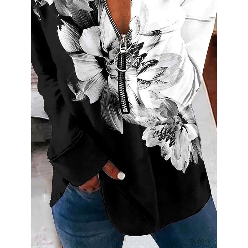 Women's Pullover Sweatshirt Zip Up Sweatshirts Floral Graphic Fashion Casual Long Sleeve Crew Neck Regular Tops Street Dailywear Zipper Print Black Fall Winter3