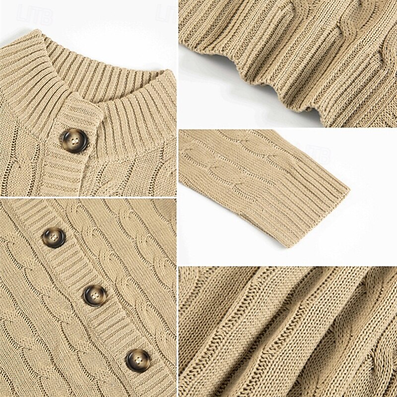 Men's Cardigan Sweater Cropped  Sweater Knit Sweater Ribbed Knit Regular Tops Buttons Plain Stand Collar Fashion Classic Vacation Daily Wear Clothing Apparel Fall Winter khaki Gray M L XL4