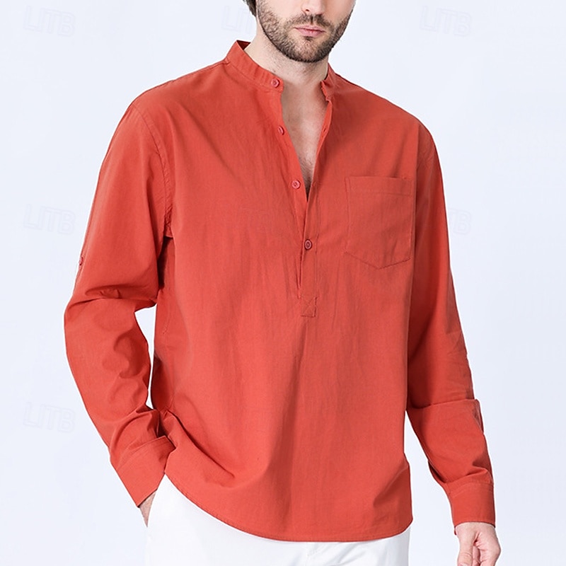 Men's Shirt Band Collar Shirt Popover Shirt Casual Shirt Black Red Green khaki Light Grey Long Sleeve Solid Color Henley Party Going out Front Pocket Clothing Apparel Fashion Sports & Outdoors