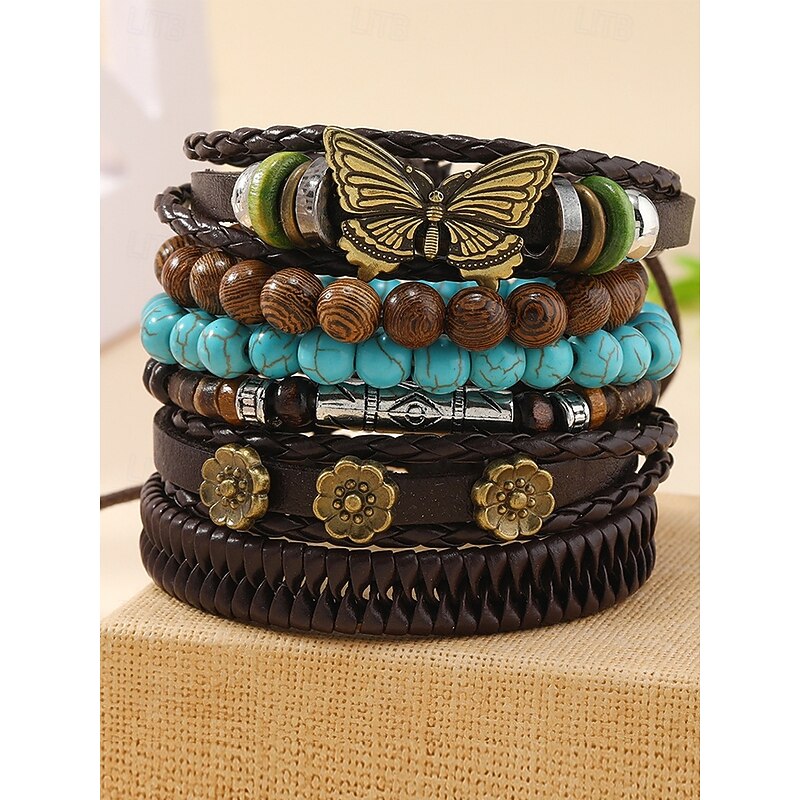 Women's Bohemian Leather and Wooden Beaded Bracelet Set – Vintage Butterfly Charm, Multilayer Turquoise Stack for Casual, Travel and Summer Festivals2