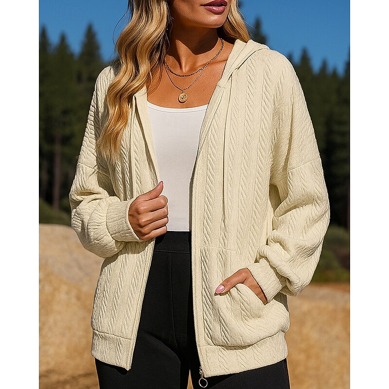 Women's Fullzipper Jacket Hooded Sweatshirt Pocket Long Sleeve Top Athleisure Fall Solid Colored Fashion Workout Outdoor Training Sportswear Activewear Black White Pink