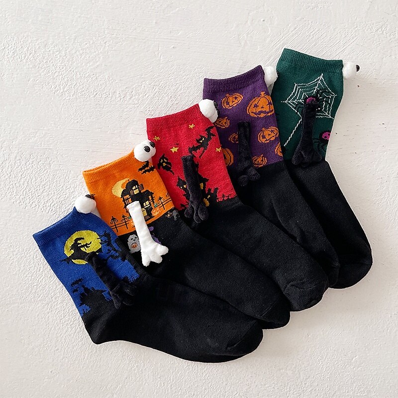 Halloween Animal Mid-Calf Socks, Geometric Funny Skull Socks, Happy Face Unisex Socks, Trendy Couple Hand-Holding Socks3