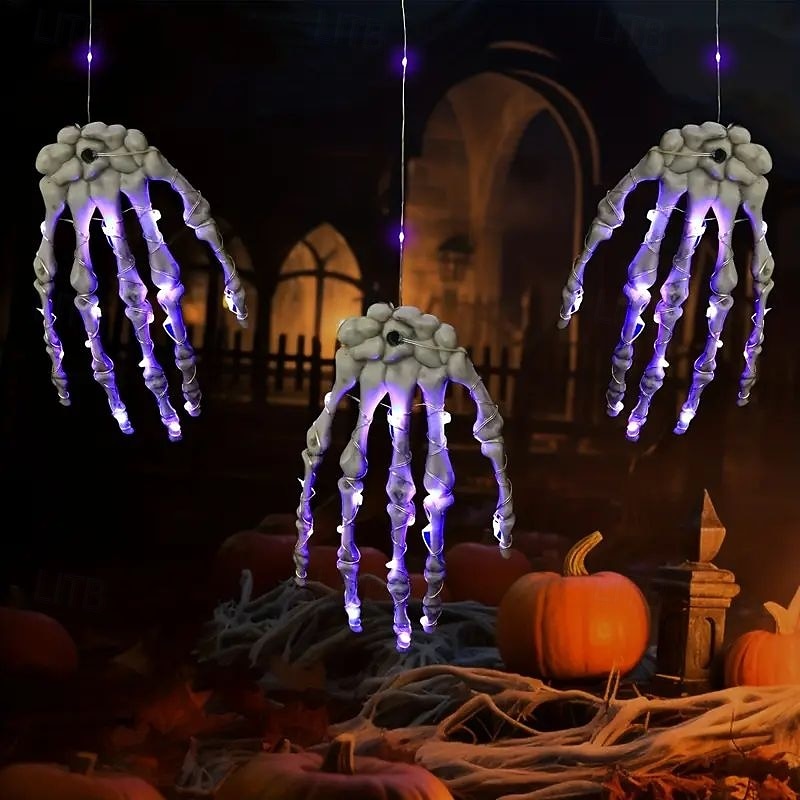 3 PCS Purple Ghost Hand Light 20LED Battery Powered Halloween Skeleton Hand Hanging Light for Bedroom Party or Indoor Space Plastic Skeleton Hand Design with Glowing Purple Effect Halloween Decoration3