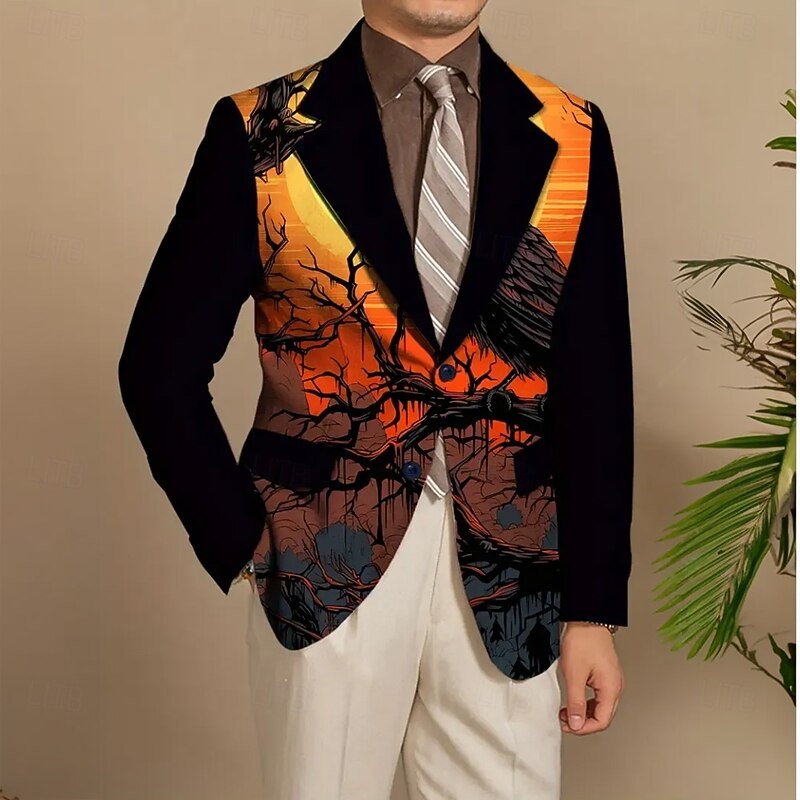 Halloween Men's Coat Blazer Party Street Festival Casual Daily British All Seasons 100% Polyester Pumpkin 3D Print Buttons Comfortable Single Breasted Blazer Black Orange Brown2