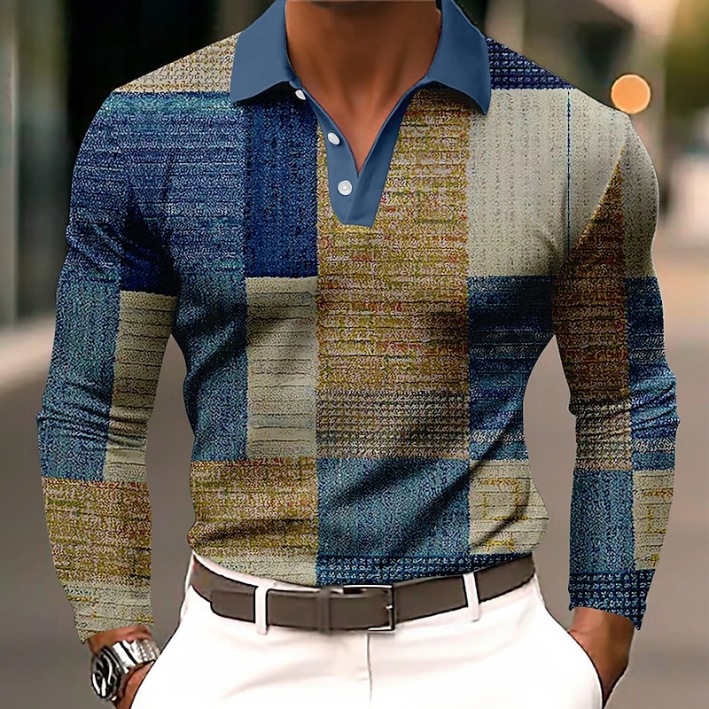Men's Color Block Polo Long Sleeve Polo Shirts Lapel Business Casual Athleisure Daily Wear 3D Print Buttons Spring Fall Winter Blue Brown Green