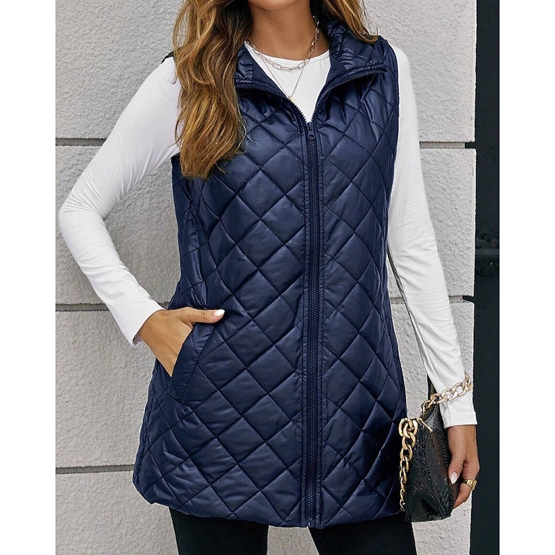 Women's Vest Warm Comfortable Zipper Pocket Casual Plain Going out Weekend Zipper Long Turndown Regular Fit Sleeveless Outerwear Navy Black Brown Fall Winter3