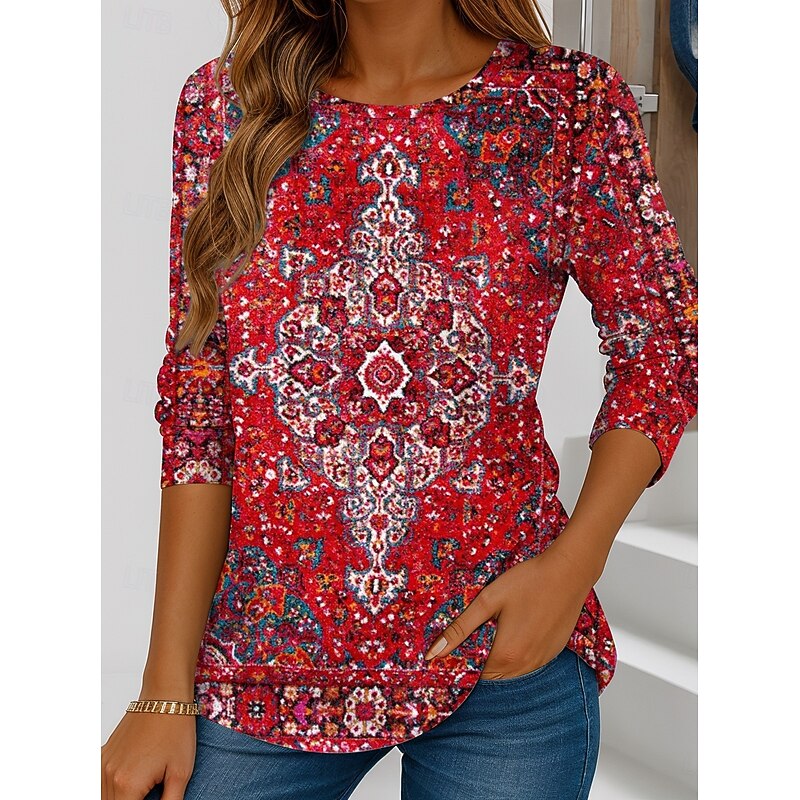 Women's T Shirt Ombre Graphic Geometric Vintage Stylish Classic Long Sleeve Crew Neck Round Neck Regular Tops Daily Print Black Red Dusty Blue Orange Green Spring Fall4