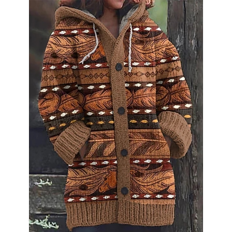 Women's Cardigan Vacation Vintage Daily Geometric Color Block Ribbed Hooded Knitted Print Front Pocket Long Sleeve Regular Tops Knit Outdoor Daily Holiday Yellow Red Fall Winter3