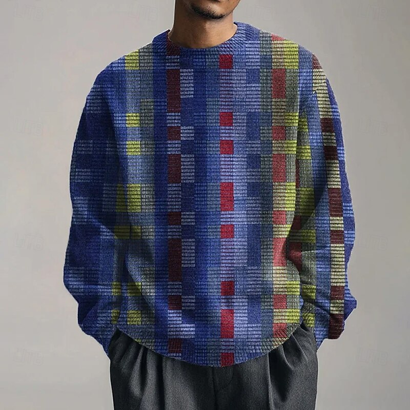 Men's Geometric Color Block Pullover Sweater Jumper Knitwear Crewneck Casual Vacation Street Daily 3D Print Knitting Keep Warm Long Sleeve Spring Fall Winter Black Blue