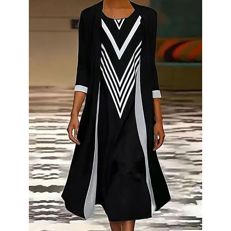 Women's Dress Set Maxi Dress Shift Dress Summer Dress Casual Graphic Geometric Layered Print Maxi Dress 3/4 Length Sleeve Crew Neck Daily Black Blue Orange Spring Fall Loose Fit3