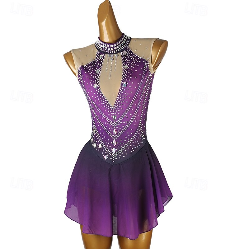 Figure Skating Dress Women's Girls' Ice Skating Dress Purple Blue Black Patchwork Open Back Mesh Spandex High Elasticity Training Practice Professional Skating Wear Classic Crystal / Rhinestone4