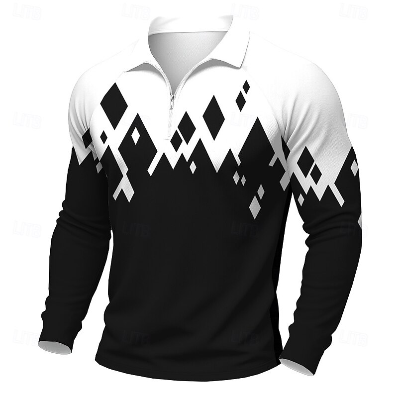 Men's Geometic Polo Long Sleeve Polo Shirts Casual Outdoor Street Daily Wear 3D Print Quarter Zip Polo Spring Fall Winter Black White2