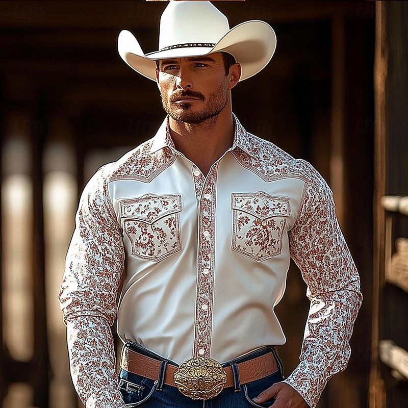 Men's Floral Print Flowers Shirt Western Shirt Cowboy Shirt Long Sleeve Vintage Retro Outdoor Casual WorkWear Spring Fall Turndown Front Two Pockets Linen Like Shirt Button Up Shirts White Pink2