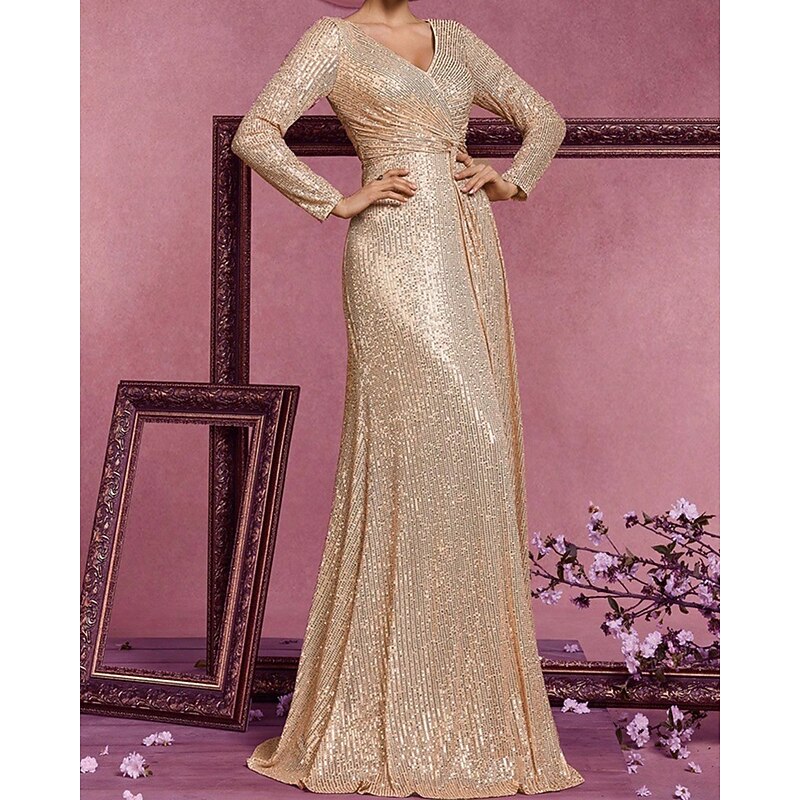 Black Tie A-Line Evening Gown Elegant Dress Formal Wedding Floor Length Long Sleeve V Neck Sequined with Ruched Knots 20253