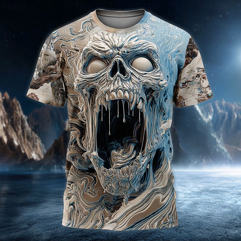 Halloween Men's Skull T Shirt Short Sleeve T shirt 3D Print Crew Neck Shirt Exaggerated Designer Horror Party Street Club Blue Purple Orange Summer Spring All Seasons Clothing Apparel S M L XL XXL