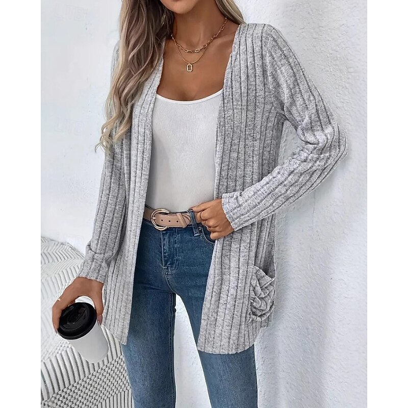 Women's Cardigan Casual Solid Color Cable V Neck Pocket Knitted Long Sleeve Regular Tops Knit Holiday Going out Weekend Gray Fall2