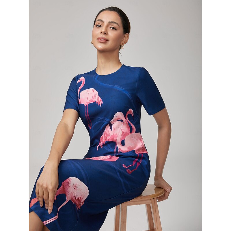 Women's Casual Dress Royal Blue Short Sleeve Flamingo Summer Crew Neck Vacation XS S M
