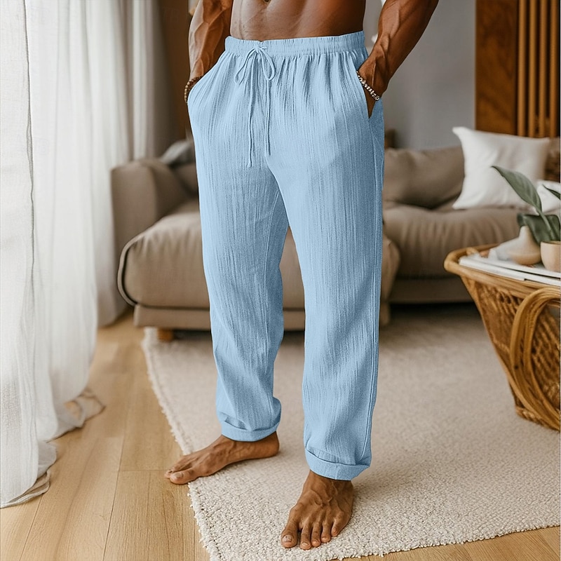 Men's Linen Pants Trousers Baggy Pants Beach Pants Drawstring Pocket Plain Comfort Breathable Full Length Daily Vacation Stylish Black White Inelastic3