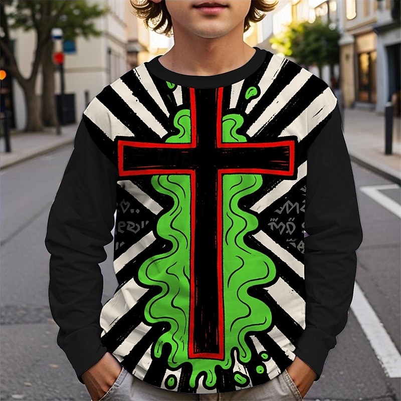 Halloween Boys' 3D Cartoon Stripe T shirt Tee Long Sleeve Spring Fall Fashion Basic Kids 4-12 Years Crew Neck Outdoor Casual Daily Regular Fit