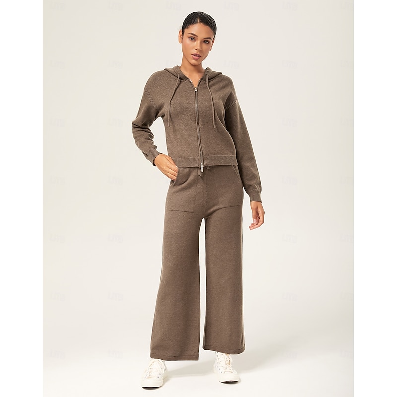 Women's Coffee Brown Straight-Leg Sweater Pants Elastic Waist Patch Pocket Casual Stylish Comfortable Daily Fall3