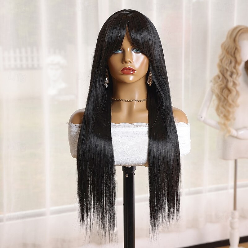 Synthetic Wig Yaki Straight Natural Straight Neat Bang Machine Made Wig 26 inch Black Synthetic Hair 26 inch Women's Soft Comfortable Black2