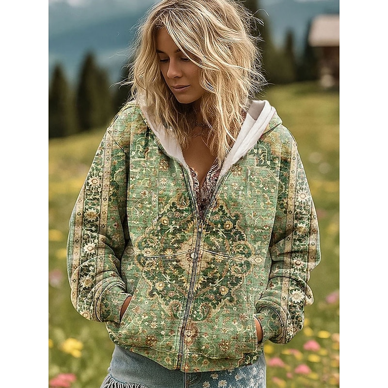 Women's Zip Up Hoodies Graphic Geometric Rainbow Fashion Casual Long Sleeve Hooded Regular Tops Street Dailywear Zipper Pocket Print Purple Orange Green Spring Fall2