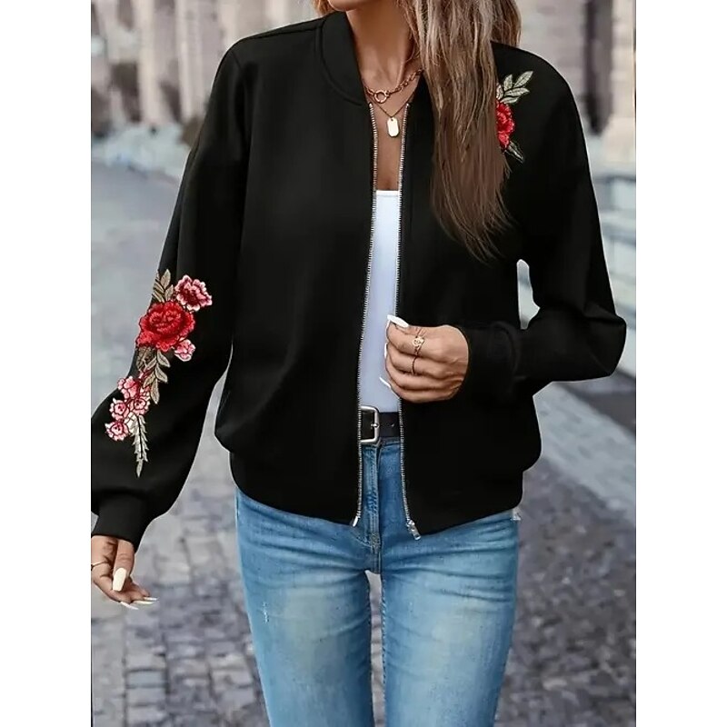 Women's Bomber Jacket Warm Quick Dry Zipper Pocket Elegant Fashion Daily Simple Floral Vacation Casual Daily Holiday Short Baseball Collar Regular Fit Long Sleeve Outerwear Pink Red Fall
