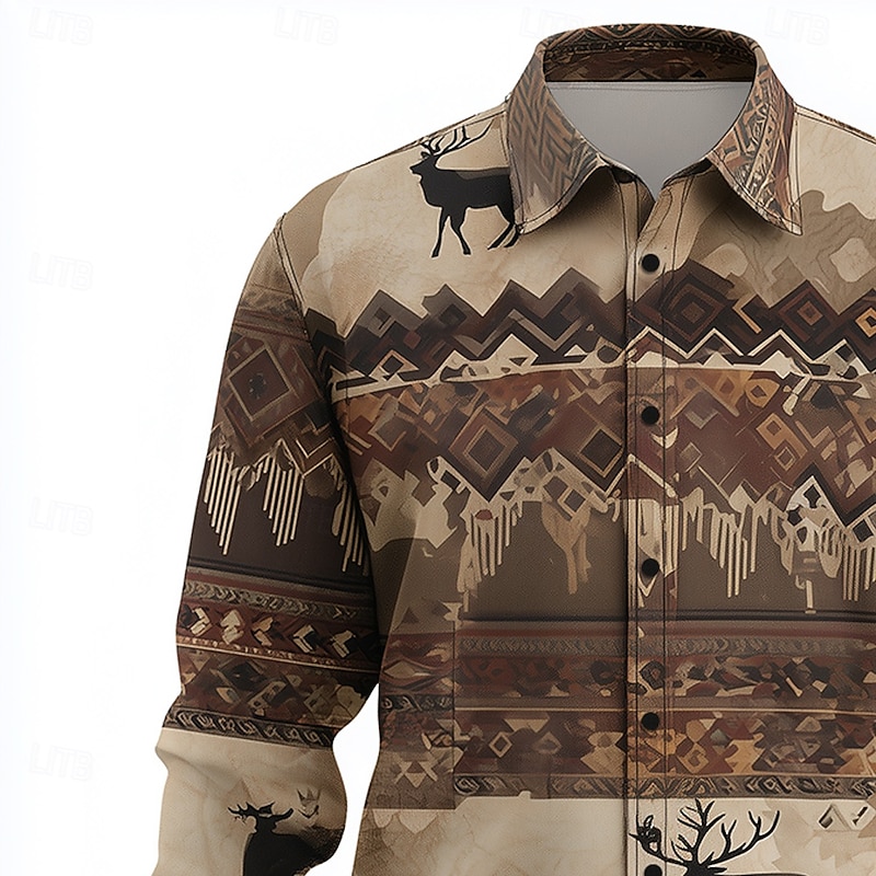 Men's Reindeer Aztec Indian Culture Shirt Button Up Shirt Long Sleeve Ethnic Vintage Retro Outdoor Casual Spring Fall Turndown 3D Print Linen Like Shirt Khaki2