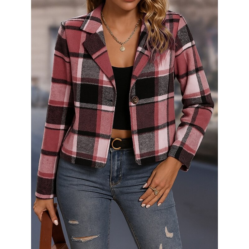 Women's Casual Jacket Comfortable Breathable Print Casual Plaid Vacation Street Casual Daily Wear Single Breasted Short Turndown Regular Fit Long Sleeve Outerwear Sky Blue Fuchsia Khaki Spring Fall2