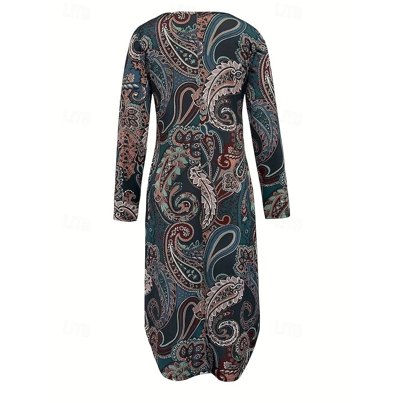 Women's Midi Dress Sheath Dress Shift Dress Party Casual Boho Party Wedding Guest Daily Regular Fit Graphic Paisley Tribal Long Sleeve Crew Neck Dark Grey Spring Fall Winter Autumn3
