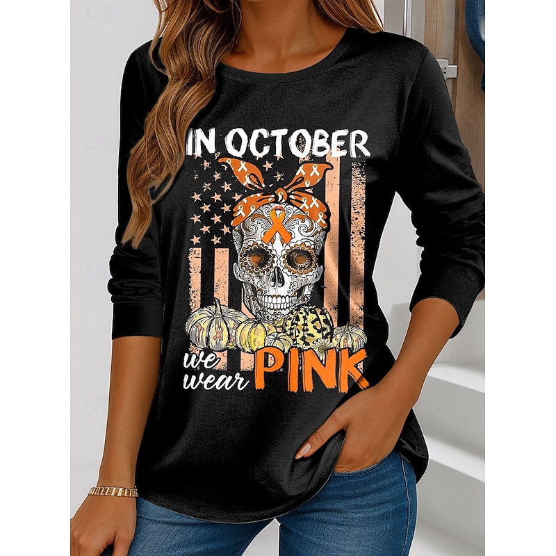Halloween Women's T Shirt Skulls Long Sleeve Graphic Letter Vintage Fashion Stylish Long Sleeve Crew Neck Regular Tops Daily Weekend Print Pink Blue Orange Green Spring Fall Winter Prefall4