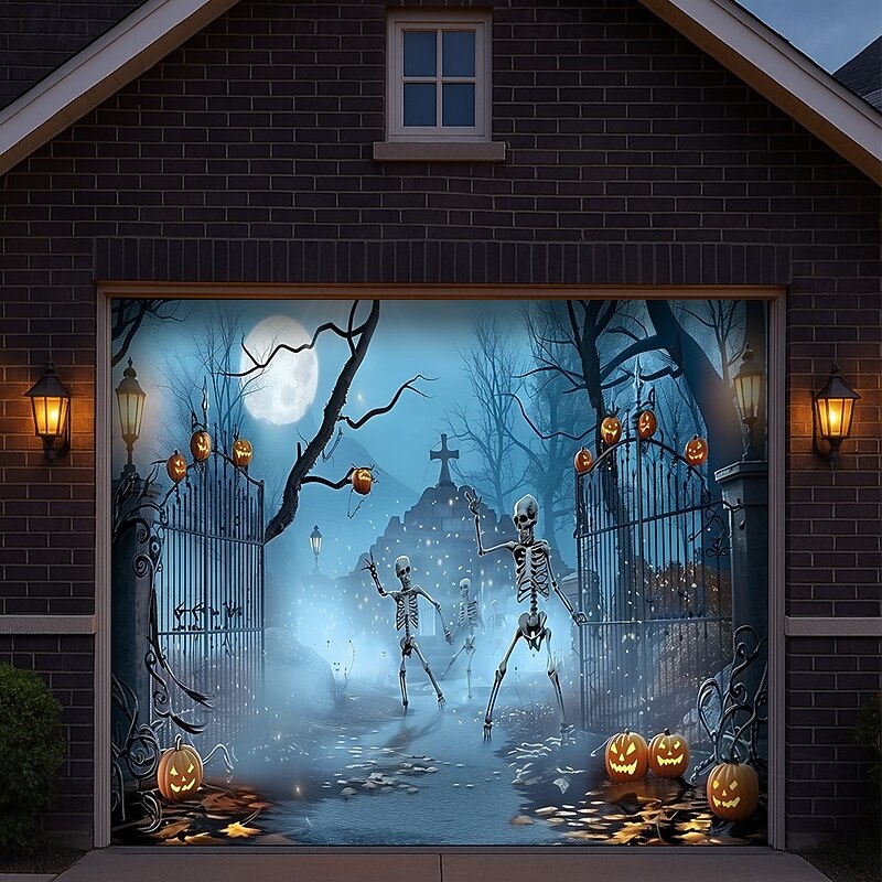 Halloween Garage Door Cover Dancing Skeletons Banner Cemetery Gate Scene with Pumpkin Lanterns Spooky Haunted Graveyard Backdrop Tapestry for Outdoor Decoration3