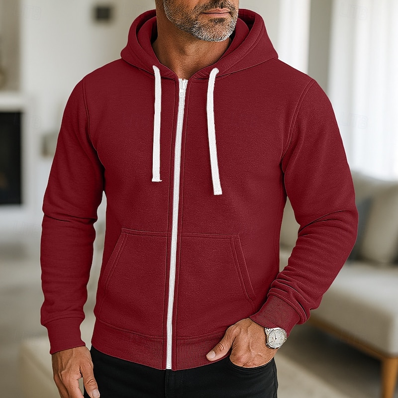 Men's Hoodie Full Zip Hoodie Wine Red Black Navy Blue Light Grey Dark Gray Hooded Plain Zip Up Sports & Outdoor Casual Daily Streetwear Cool Sportswear Spring &  Fall Clothing Apparel Hoodies