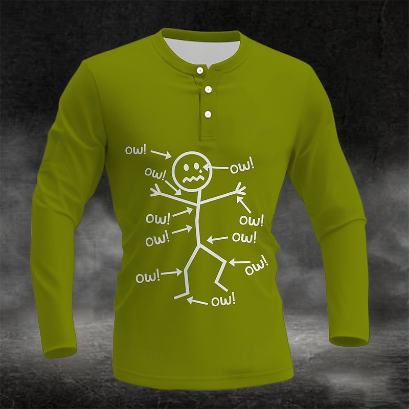 Men's Long Sleeve Henley Shirt Funny Ow! Stick Figure Graphic Tee - Aches & Pains Lifestyle Humor3