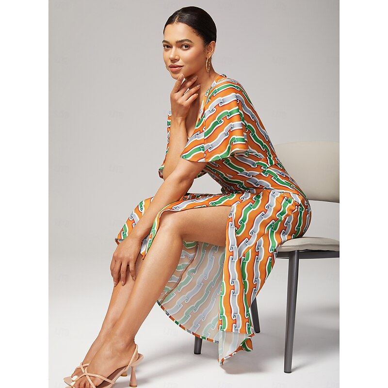 V Neck Side Slit Ripple Print Dress4