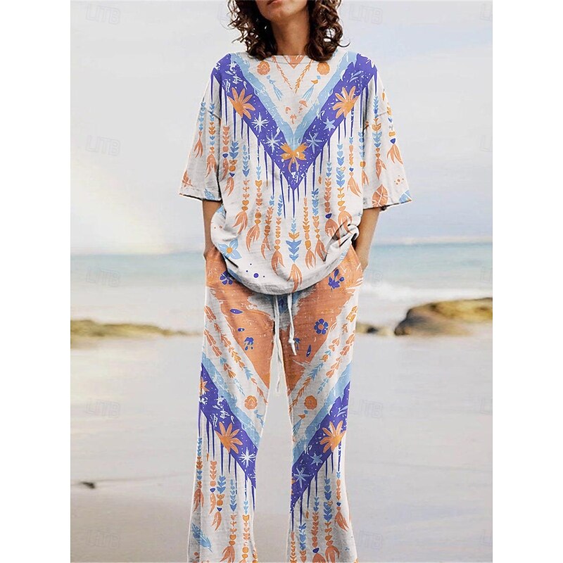 Women's Active Fashion Pants Sets 3/4 Length Sleeve Crew Neck Geometric Color Block Print Vacation Daily Holiday Blue Purple Orange Summer Regular Fit3