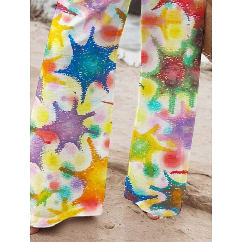 Women's Wide Leg Pants Trousers Vacation Casual Long High Waist Sun Elastic Waist Printing High Cut Breathability Soft Micro-elastic Vacation Street Daily Wear Yellow Spring Fall Regular Fit2