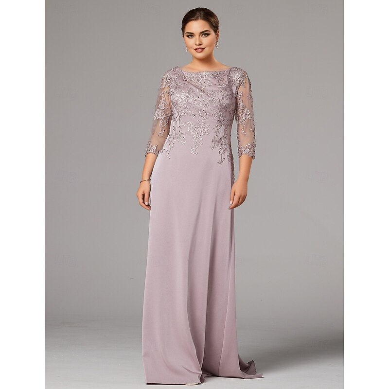 Sheath Dress Beach Wedding Mother of the Bride Dress Elegant Bateau Neck Floor Length Satin 3/4 Length Sleeve with Lace Appliques3