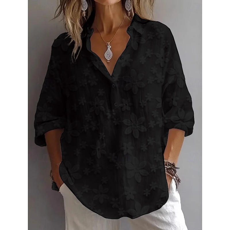 Women's Blouse Plain Casual 3/4 Length Sleeve V Neck Regular Tops Embroidered Buttons Black White Spring Fall