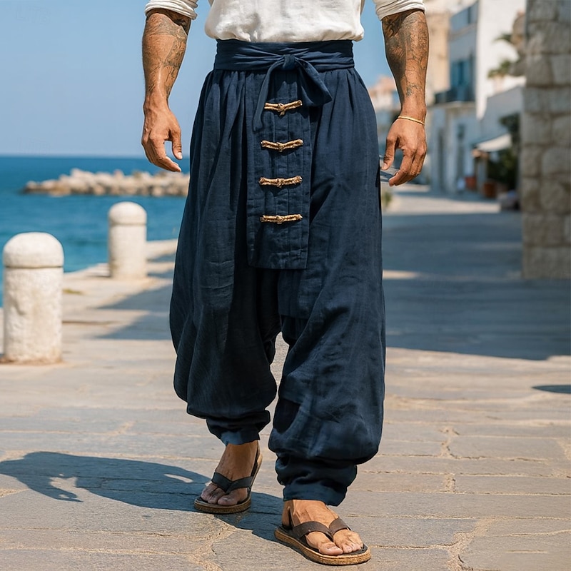 Men's Linen Pants Trousers Summer Pants Baggy Pants Drawstring Elastic Waist Buttons Plain Comfort Breathable Full Length Outdoor Yoga Casual Designer Retro Vintage Red Navy Blue Inelastic