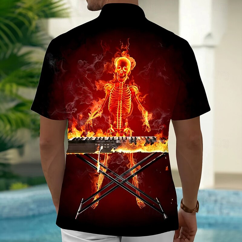 Men's Skull Flame Musical Instrument Shirt Button Up Shirt Short Sleeve Dark Punk Gothic Style Holiday Summer Spring Turndown 3D Print Collared Shirts Front One Pocket Black2