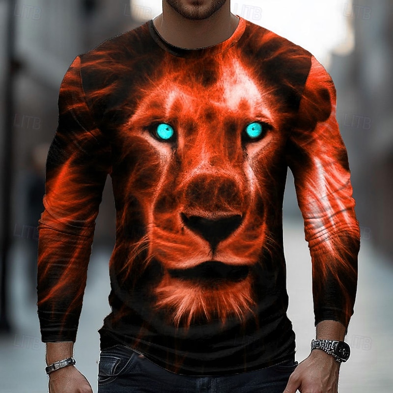 Men's Lion 3D T Shirt Long Sleeve T shirt 3D Print Crew Neck Shirt Fashion Basic Street Casual Daily Red Blue Green Summer Spring Clothing Apparel S M L XL XXL XXXL4